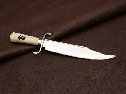 Handcrafted D2 Steel Musso Bowie Hunting Knife with Bone Handle and Leather Sheath