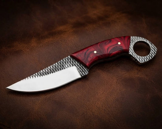 Custom Handmade Red Resin Handle Hunting Knife Rasp Blade & Finger Ring Pommel