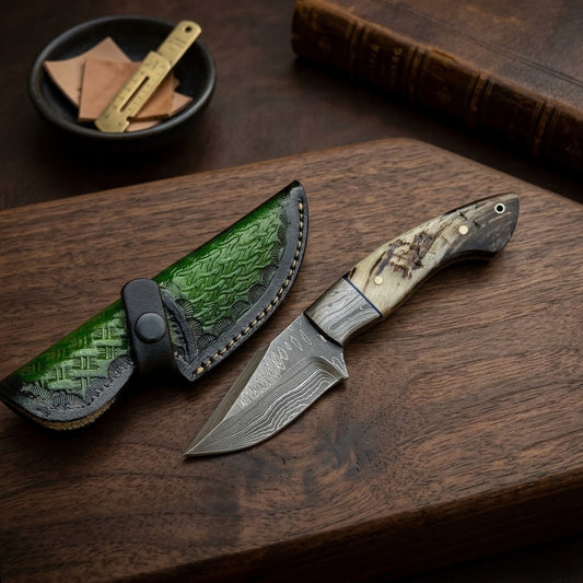 Custom Hand-Forged Damascus Steel EDC Fixed Blade Knife with Custom Leather Sheath