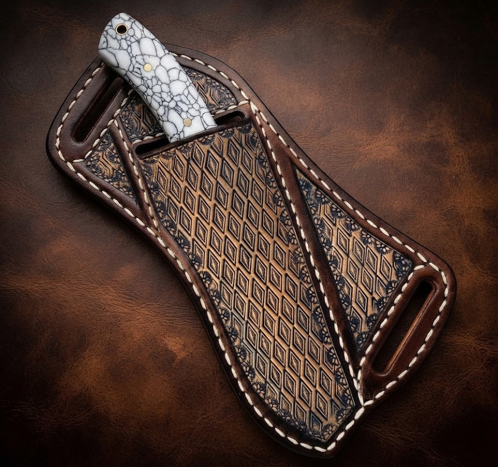 Custom Damascus Cowboy Hunting Knife White Resin Handle & Leather Sheath