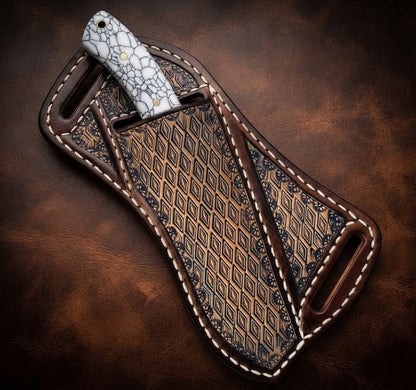 Custom Damascus Cowboy Hunting Knife White Resin Handle & Leather Sheath