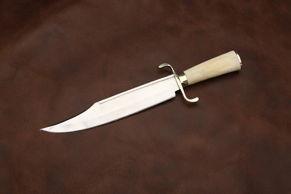 Handcrafted D2 Steel Musso Bowie Hunting Knife with Bone Handle and Leather Sheath