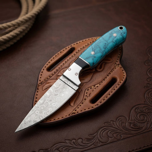 Cowboy Custom Damascus Hunting Knife Fixed Blade with Steel Bolster Resin & Hand-Tooled Leather Sheath
