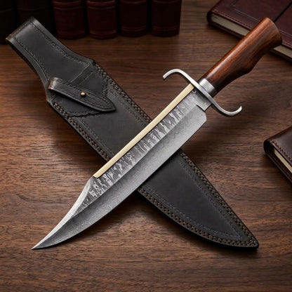 Handcrafted Damascus Steel Bowie Knife with Walnut Wood Handle & Leather Sheath