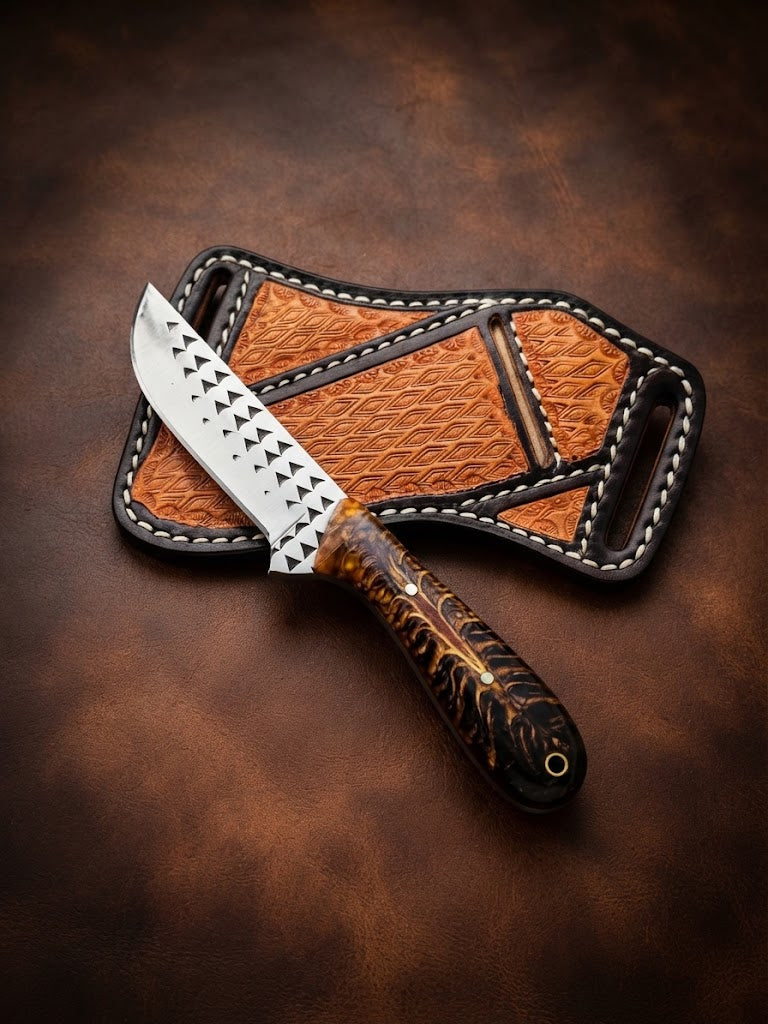 Handcrafted Custom Rasp Blade Cowboy Hunting Knife with Amber Pinecone Handle & Leather Sheath