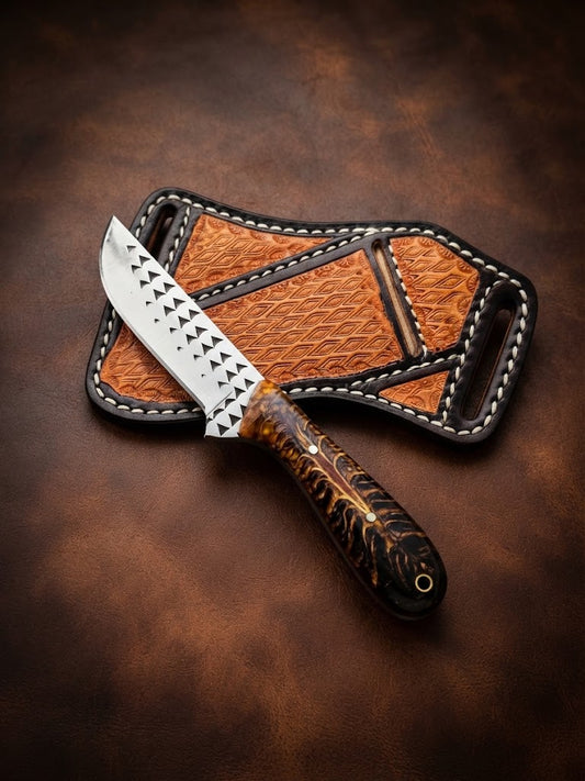 Handcrafted Custom Rasp Blade Cowboy Hunting Knife with Amber Pinecone Handle & Leather Sheath
