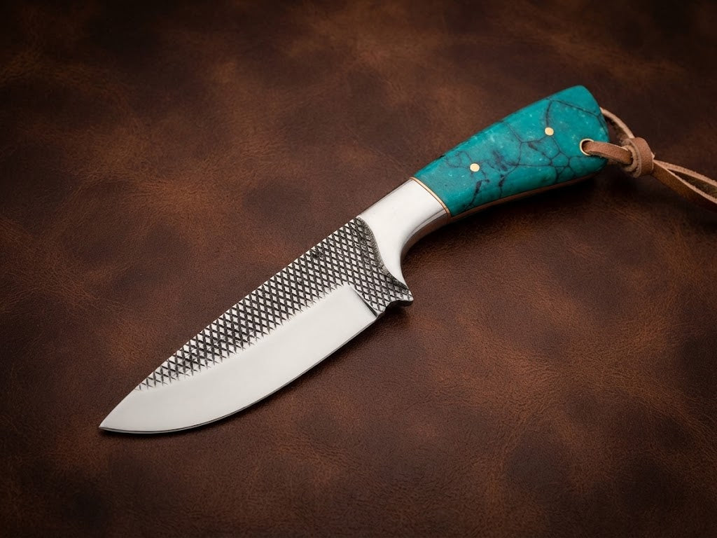 Custom Hunting Knife with Turquoise Resin Handle & Rasp Blade with Leather Sheath