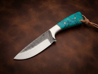 Custom Hunting Knife with Turquoise Resin Handle & Rasp Blade with Leather Sheath