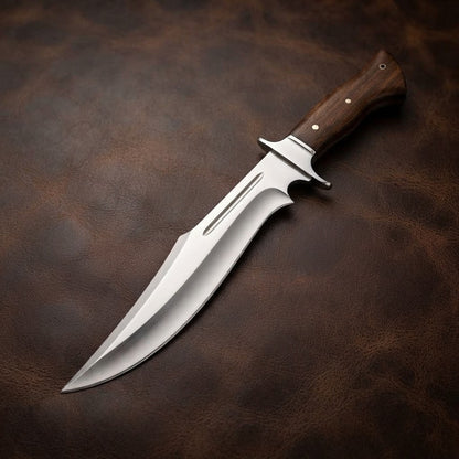 Handcrafted D2 Steel Bowie Hunting Knife with Rosewood Handle and Leather Sheath