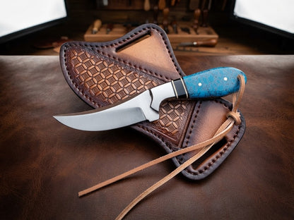 Handmade Cowboy D2 Steel Hunting Knife with Turquoise Resin Handle & Leather Sheath