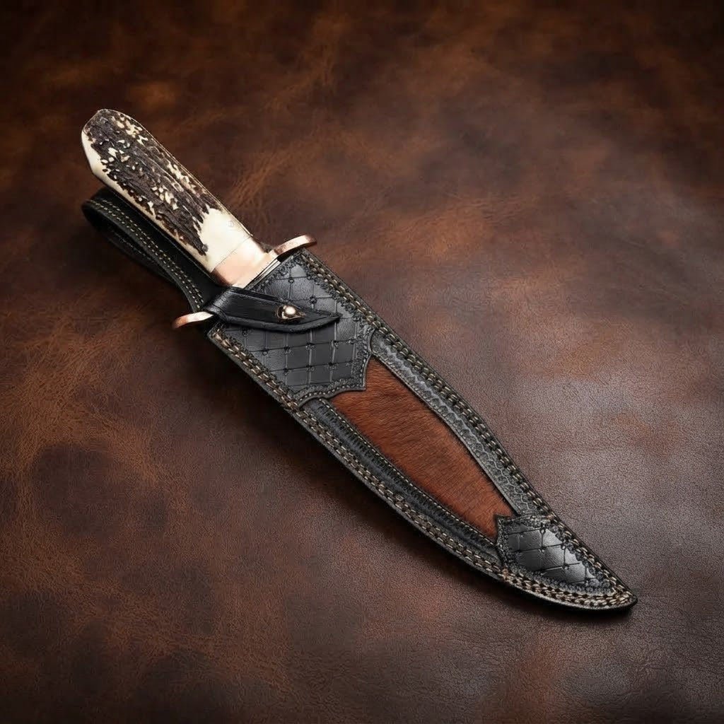 Handcrafted Copper Damascus Bowie Knife – Antler Handle with Leather Sheath