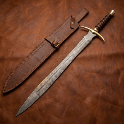Handcrafted Damascus Steel Viking Sword with Brass and Wood Handle & Leather Sheath