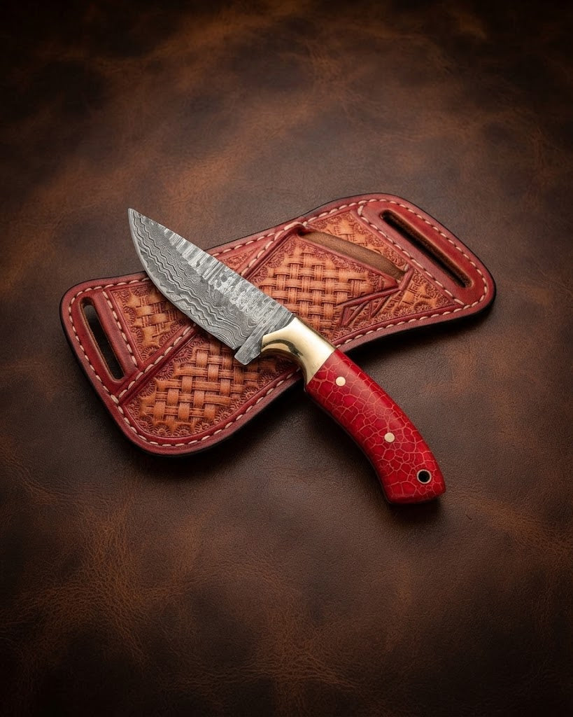 Handcrafted Damascus Steel Cowboy Hunting Knife with Red Resin Handle & Leather Sheath