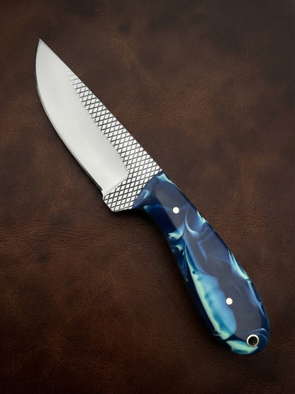 Handcrafted RaspBlade Hunting Knife with Blue Resin Handle & Leather Sheath