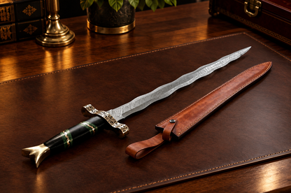 Handcrafted Damascus Viking Sword with Micarta Handle & Brass Guard with Leather Sheath