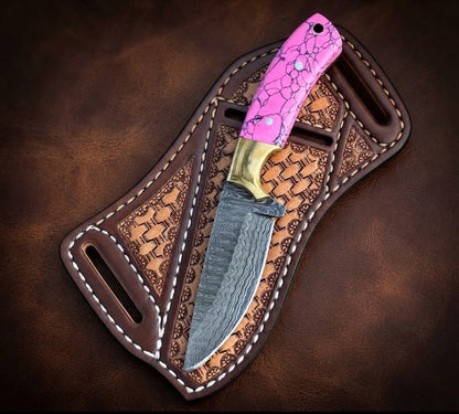 Handcrafted Custom Cowboy Hunting Knife Premium Pink Resin Handle & Damascus Steel Blade