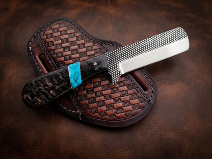 Custom Handmade Rasp Steel Blade Sheep Horn Handle Cowboy Bull Cutter Knife with Leather Sheath