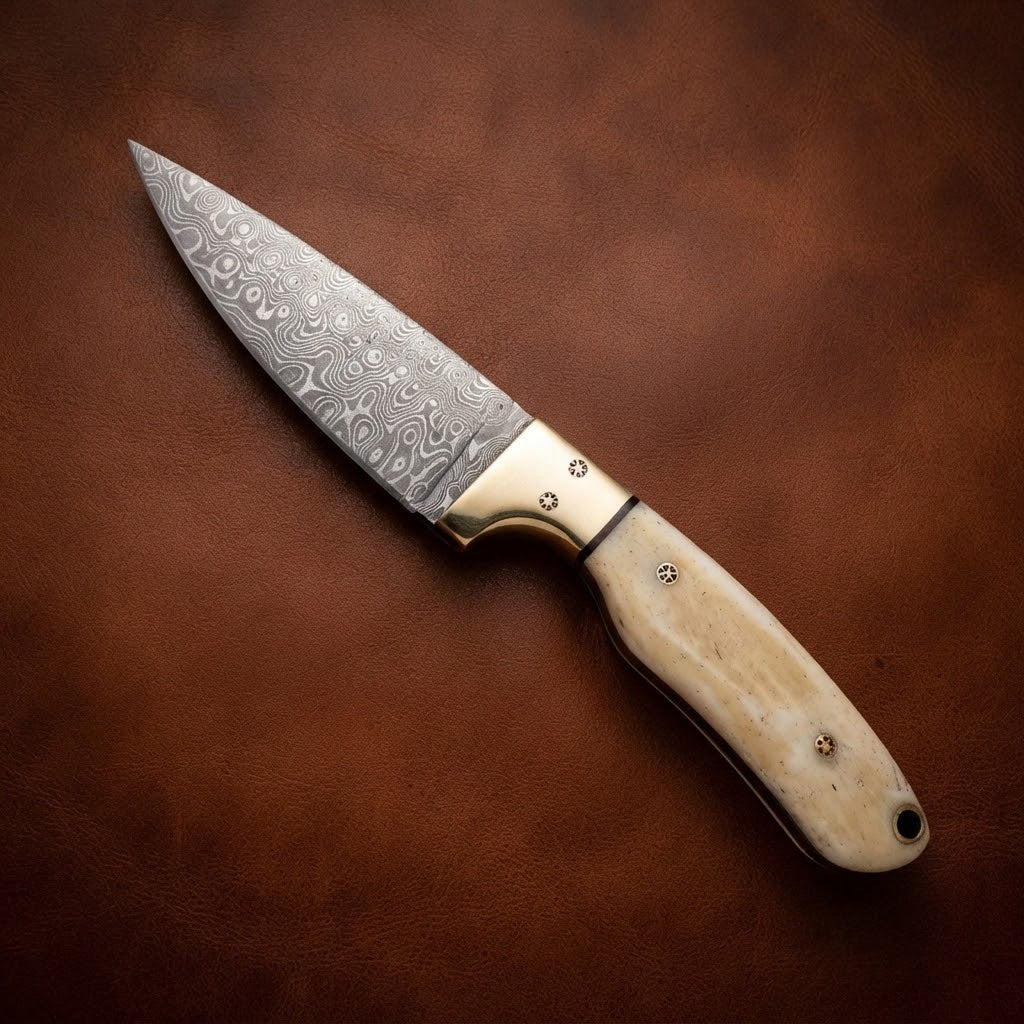 Handcrafted Custom Damascus Cowboy Knife – Raindrop Pattern Blade & Bone Handle