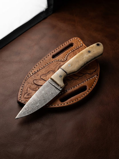 Handcrafted Custom Damascus Cowboy Knife – Raindrop Pattern Blade & Bone Handle