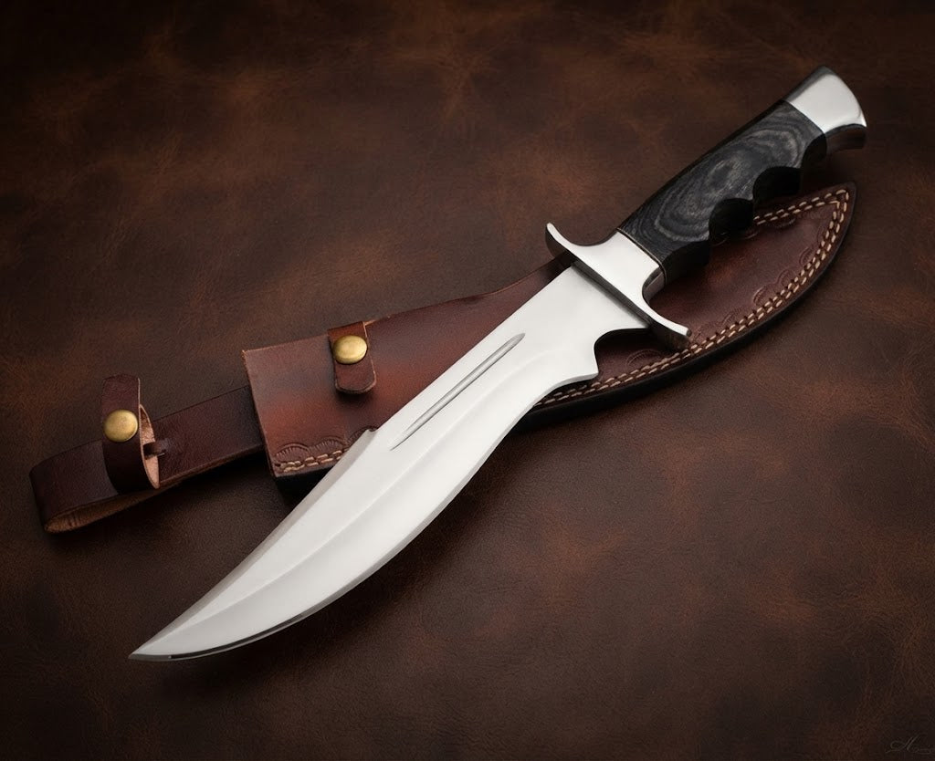 Handcrafted D2 Steel Bowie Hunting Knife with Pakka Wood Handle and Leather Sheath