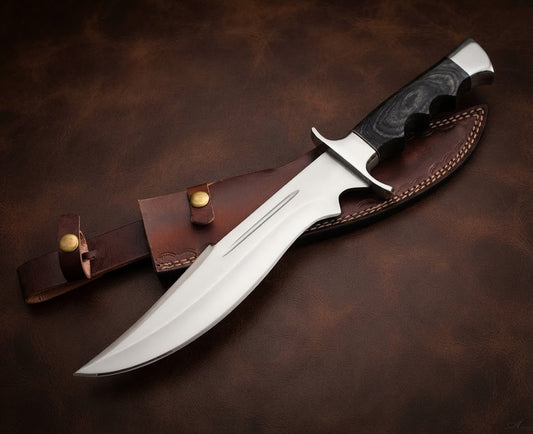 Handcrafted D2 Steel Bowie Hunting Knife with Pakka Wood Handle and Leather Sheath