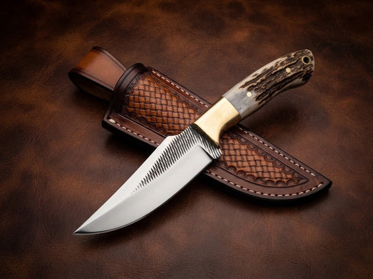 Custom Handmade Stag Antler Hunting Knife Rasp Blade & Brass Guard