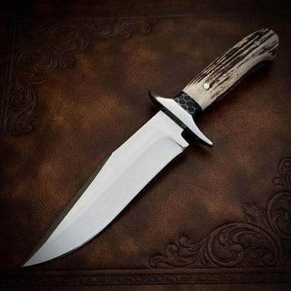 Custom Bowie Knife Stag Antler Handle & Red Dragon Leather Sheath