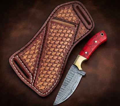 Handcrafted Damascus Steel Cowboy Hunting Knife with Red Resin Handle & Leather Sheath