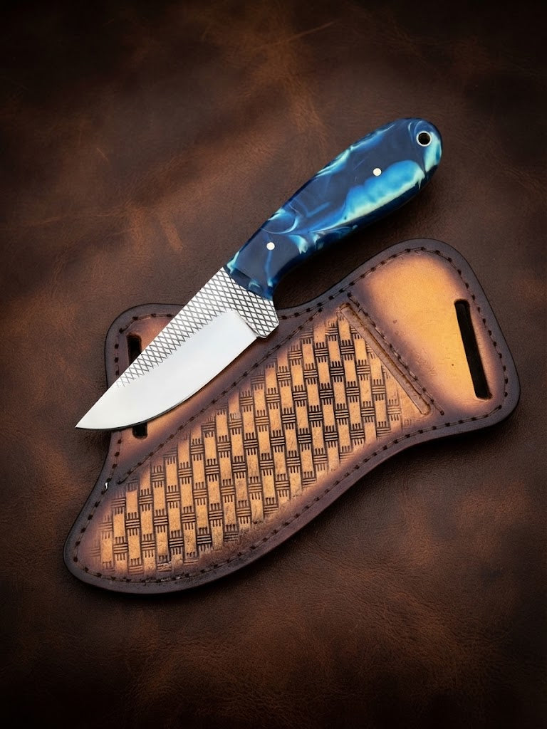 Handcrafted RaspBlade Hunting Knife with Blue Resin Handle & Leather Sheath