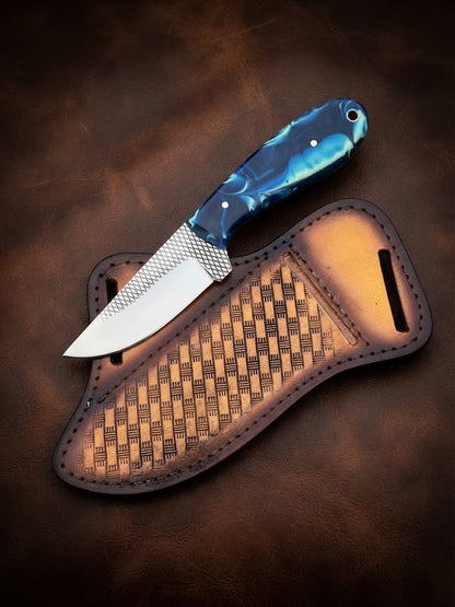 Handcrafted RaspBlade Hunting Knife with Blue Resin Handle & Leather Sheath