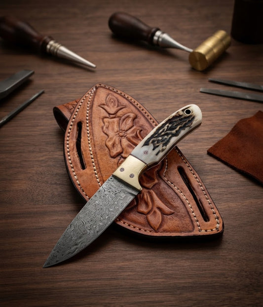 Handcrafted Damascus Cowboy Hunting Knife with Genuine Stag Antler Handle and Hand-Carved Leather Sheath