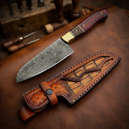 Handmade Damascus Steel Kitchen Utility Knife Pakka Wood Handle & Brass Bolster
