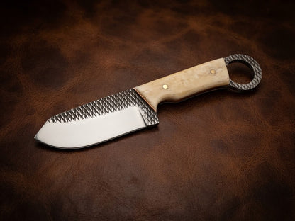 Custom Handmade Bone Handle Hunting Knife Rasp Blade & Finger Ring Pommel