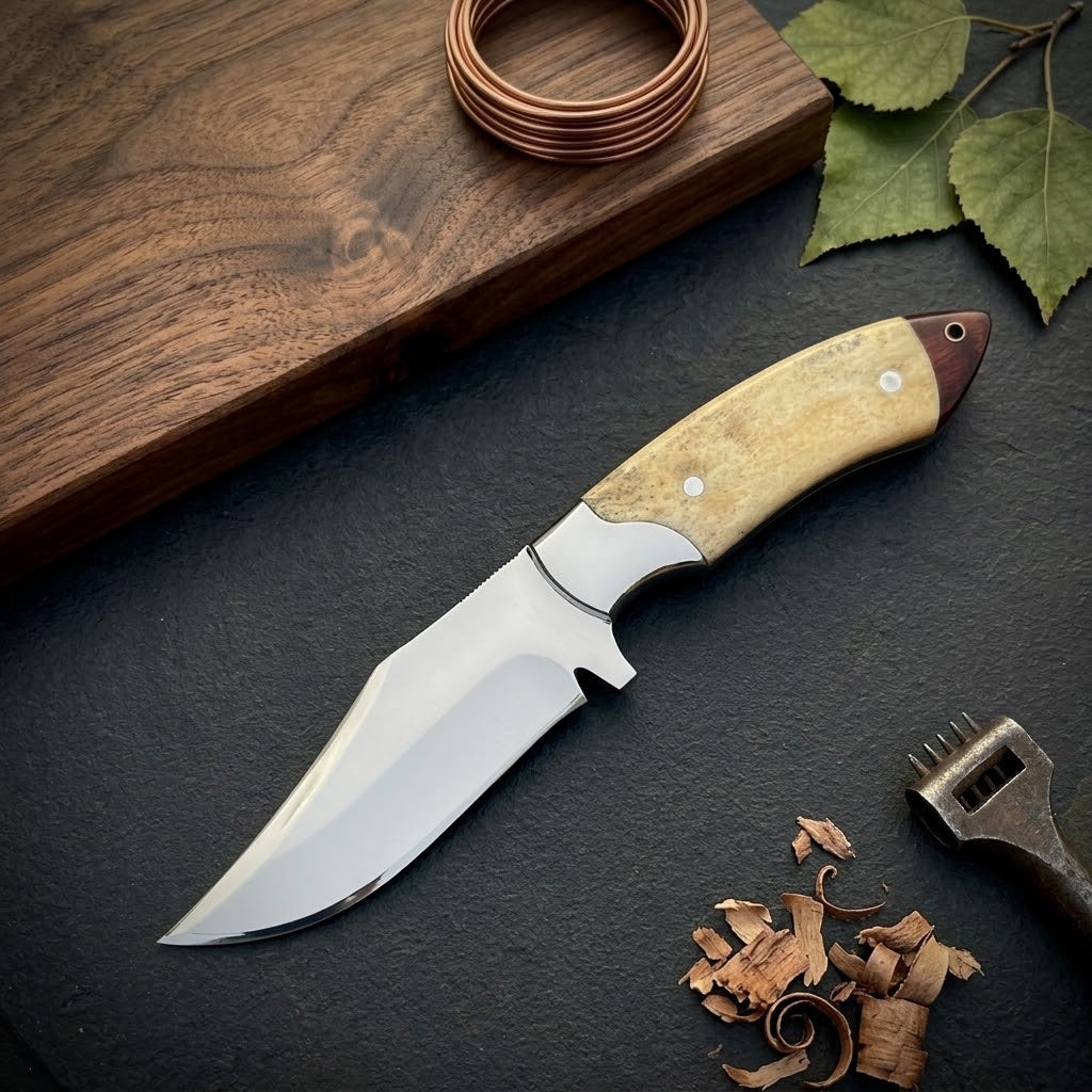 Custom Handmade Fixed Blade Knife – Bone Handle & Leather Sheath