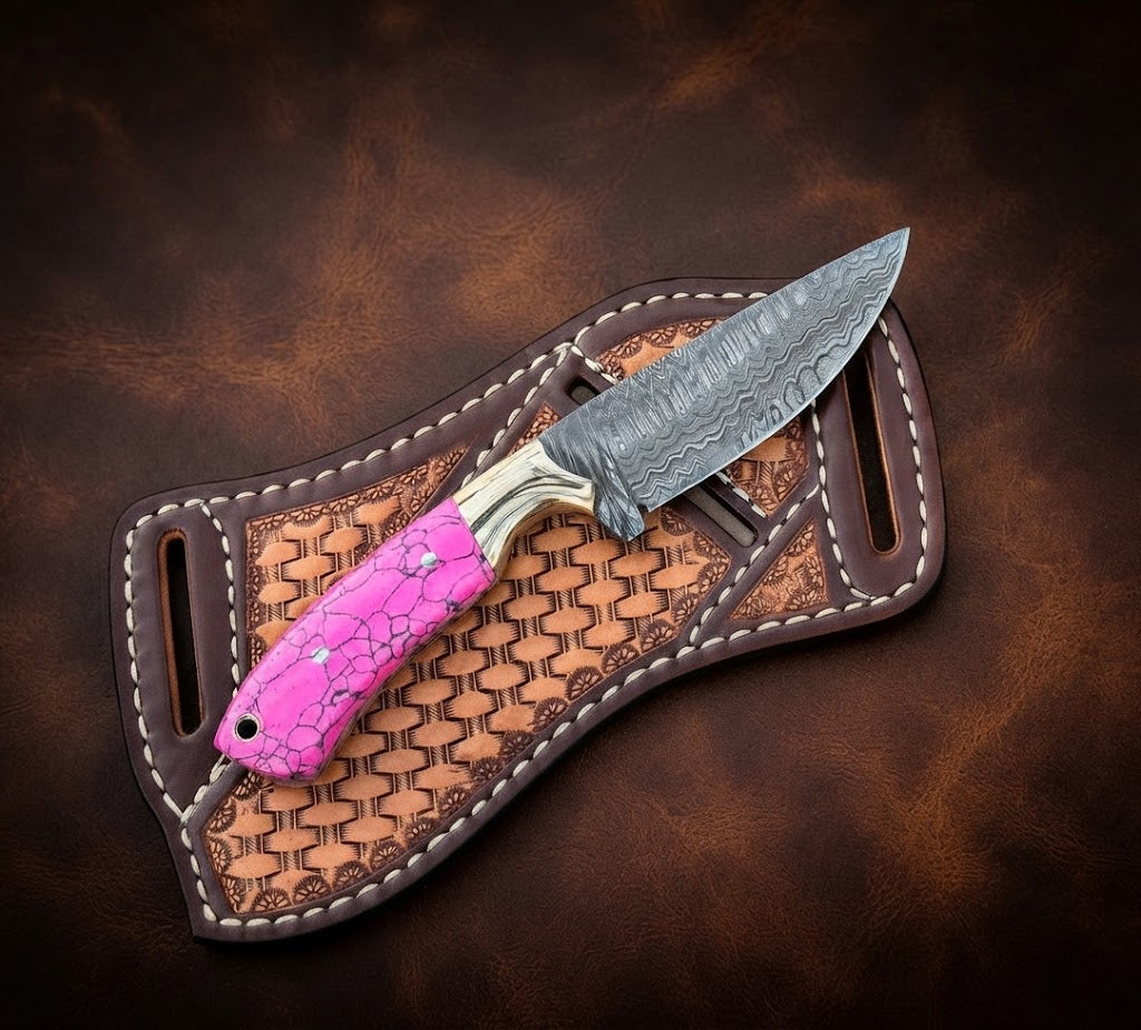 Handcrafted Custom Cowboy Hunting Knife Premium Pink Resin Handle & Damascus Steel Blade
