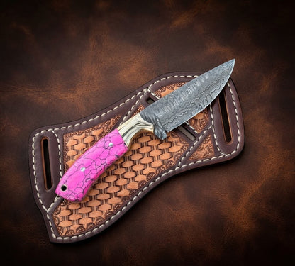 Handcrafted Custom Cowboy Hunting Knife Premium Pink Resin Handle & Damascus Steel Blade