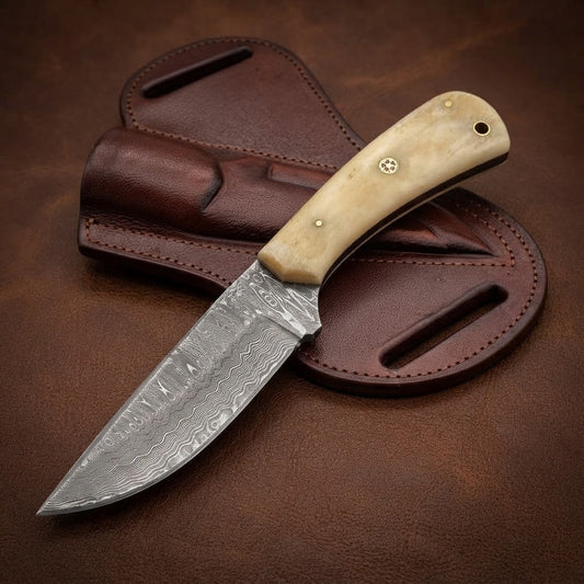 Handcrafted Custom Damascus Cowboy Knife –Genuine Bone Handle & Leather Sheath