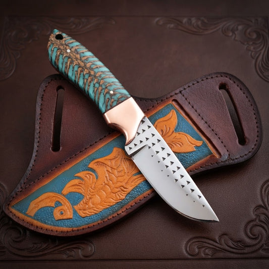 Handcrafted Custom Fixed Blade Skinner Knife Pinecone Handle Copper Bolster & Leather Sheath