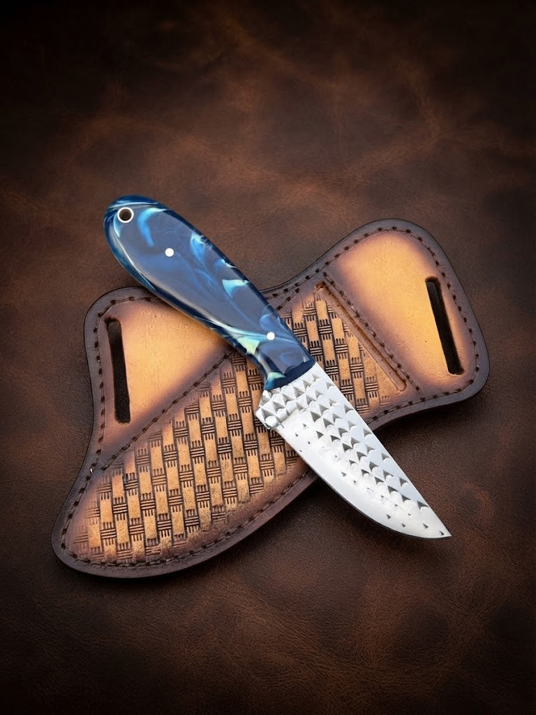 Handcrafted RaspBlade Hunting Knife with Blue Resin Handle & Leather Sheath