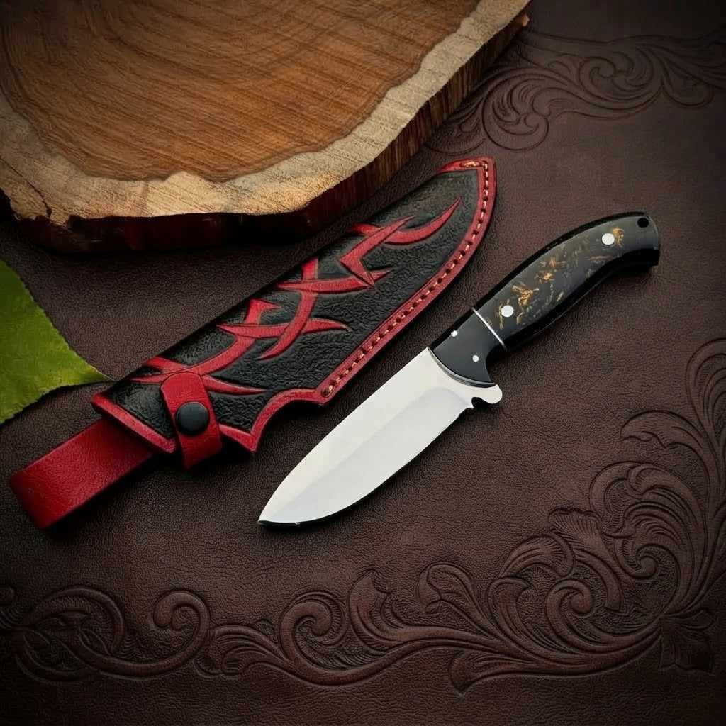 Custom Fixed Blade Hunting Knife  Black & Gold Resin Handle Steel Bolster & Leather Sheath
