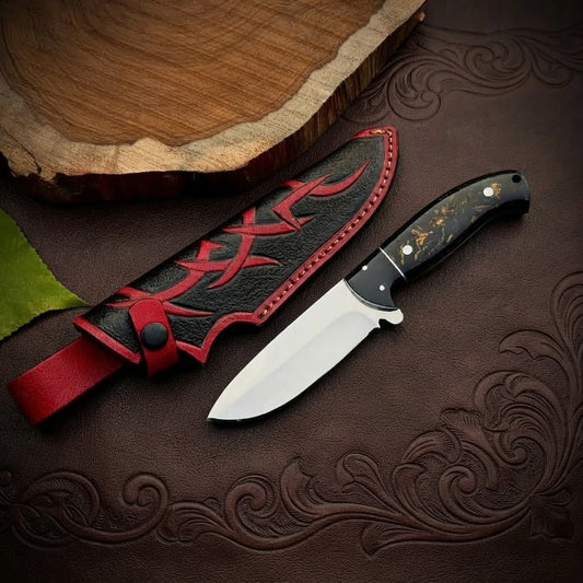 Custom Fixed Blade Hunting Knife  Black & Gold Resin Handle Steel Bolster & Leather Sheath