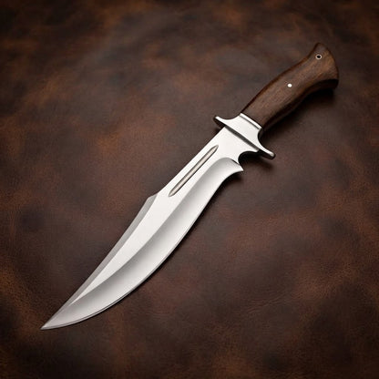 Handcrafted D2 Steel Bowie Hunting Knife with Rosewood Handle and Leather Sheath