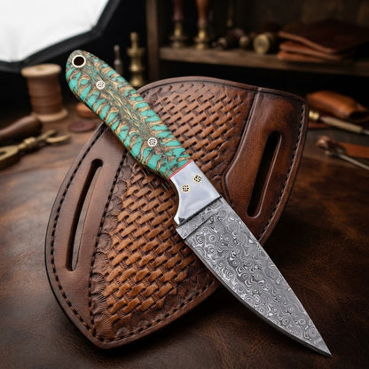 Handcrafted Custom Cowboy Hunting Knife Damascus Steel Blade Resin Handle with Tooled Leather Sheath