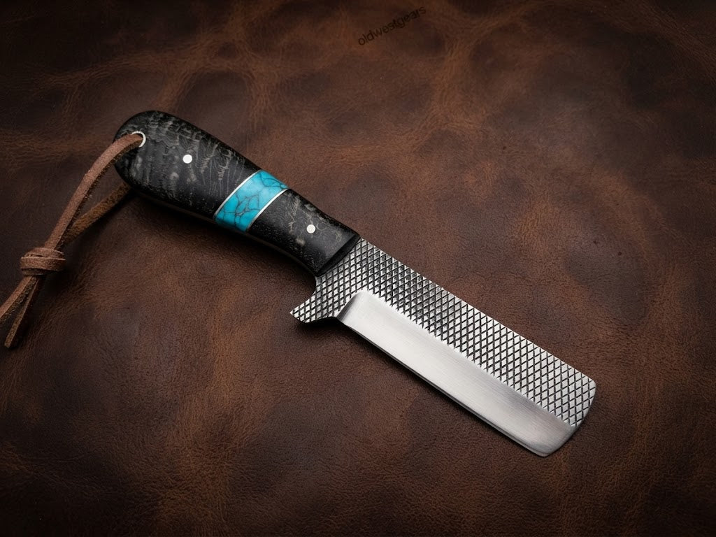 Custom Handmade Rasp Steel Blade Sheep Horn Handle Cowboy Bull Cutter Knife with Leather Sheath