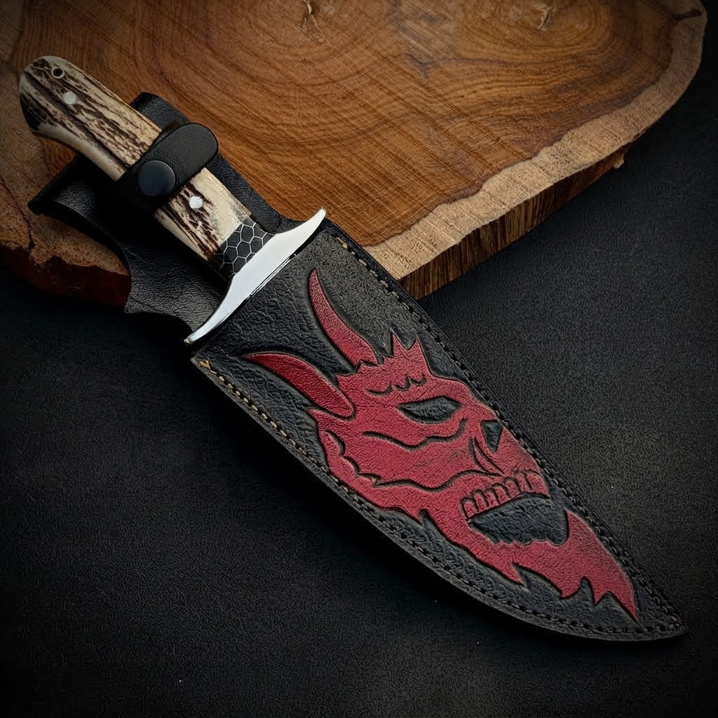 Custom Bowie Knife Stag Antler Handle & Red Dragon Leather Sheath