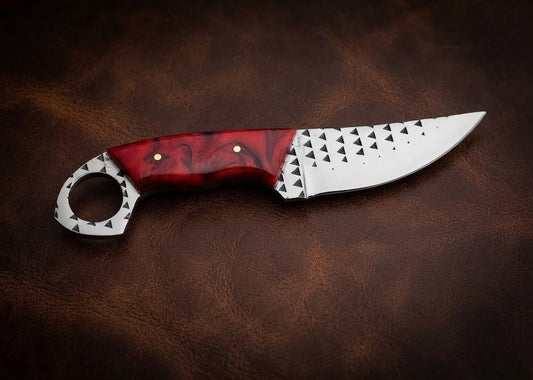 Custom Handmade Red Resin Handle Hunting Knife Rasp Blade & Finger Ring Pommel