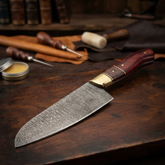 Handmade Damascus Steel Kitchen Utility Knife Pakka Wood Handle & Brass Bolster