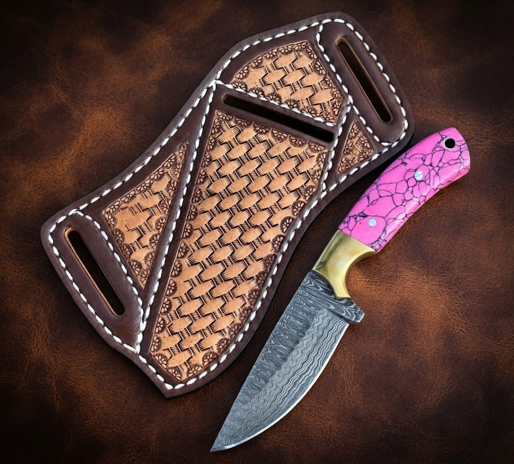 Handcrafted Custom Cowboy Hunting Knife Premium Pink Resin Handle & Damascus Steel Blade