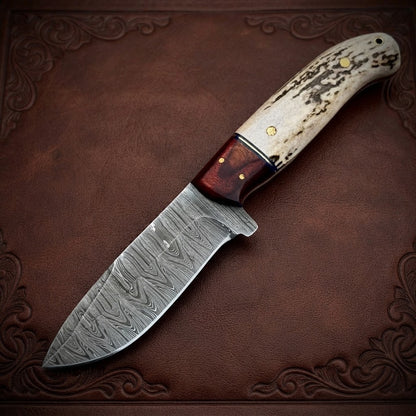 Handcrafted Damascus Steel Hunting Knife with Antler Handle & Leather Sheath