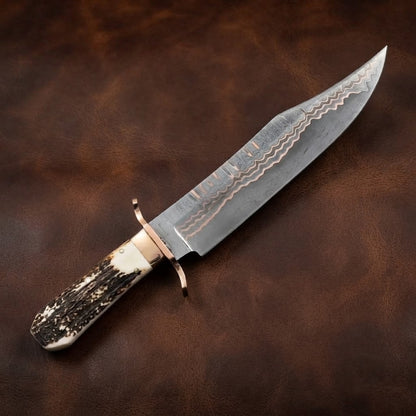 Handcrafted Copper Damascus Bowie Knife – Antler Handle with Leather Sheath